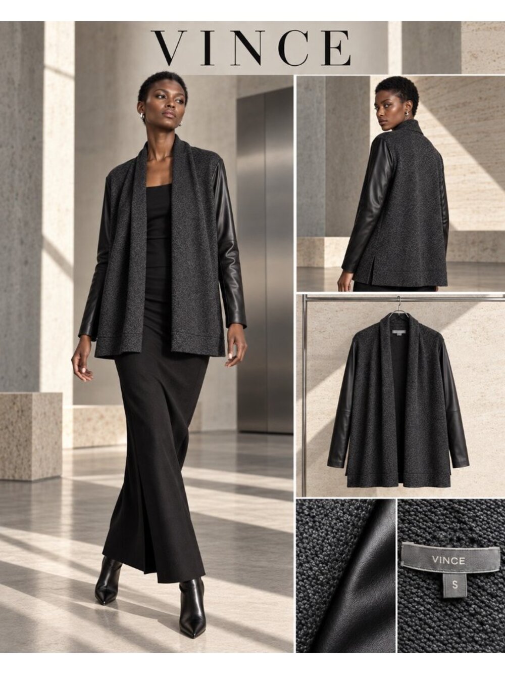 Vince Wool Yak Knit Cardigan Lamb Leather Sleeves Charcoal Gray Size S